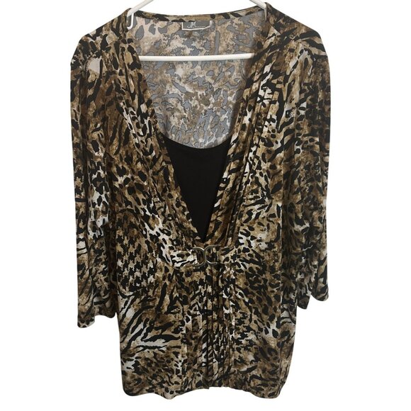 JM Collection XL Polyester Lined Animal Print Deep V-Neck Pull On Brown Black - Picture 2 of 7